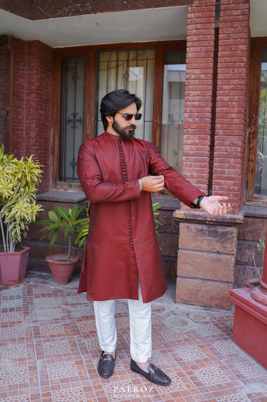 Front Open Maroon Jamavar Kurta