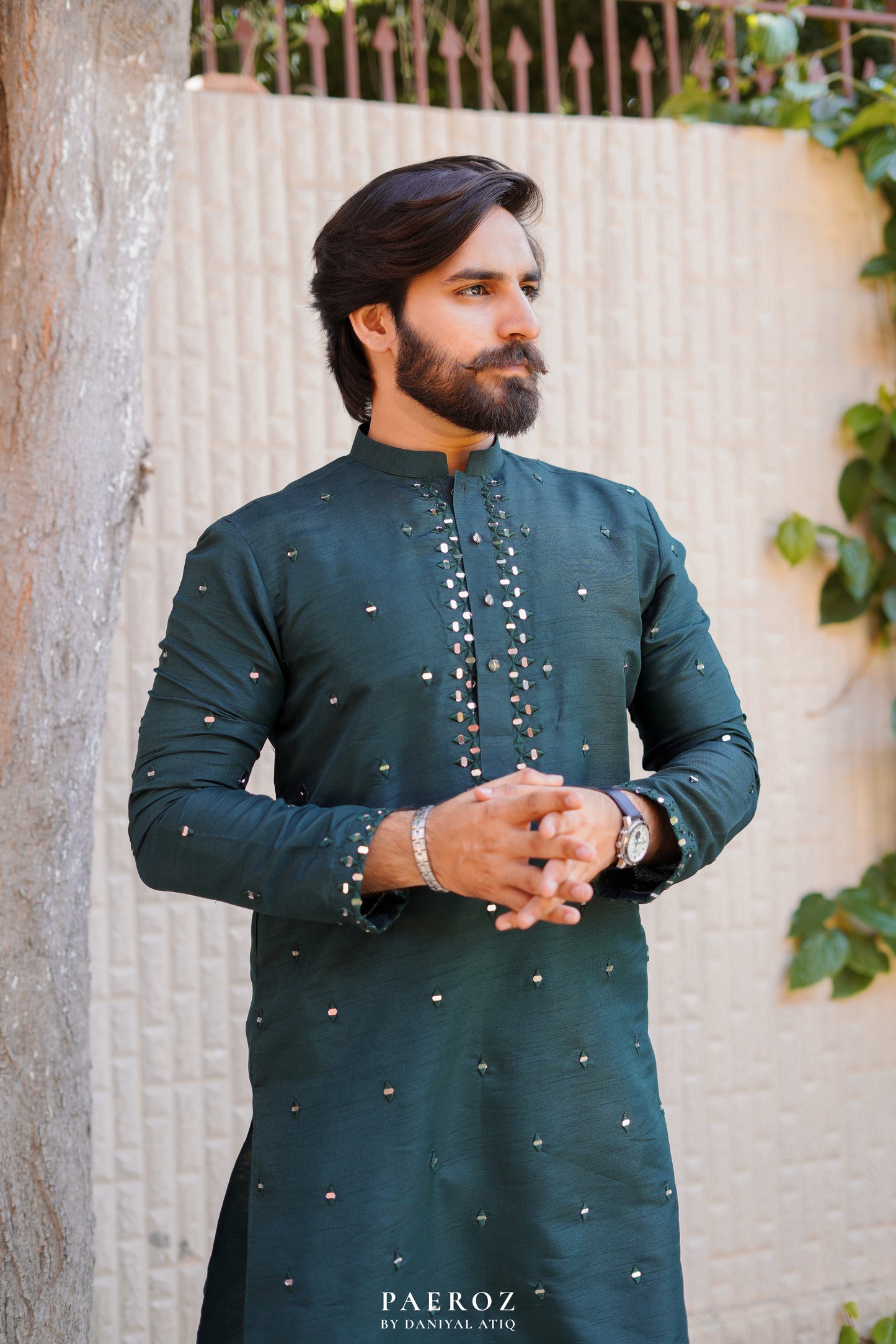 BOTTLE GREEN MIRROR WORK KURTA PAJAMA