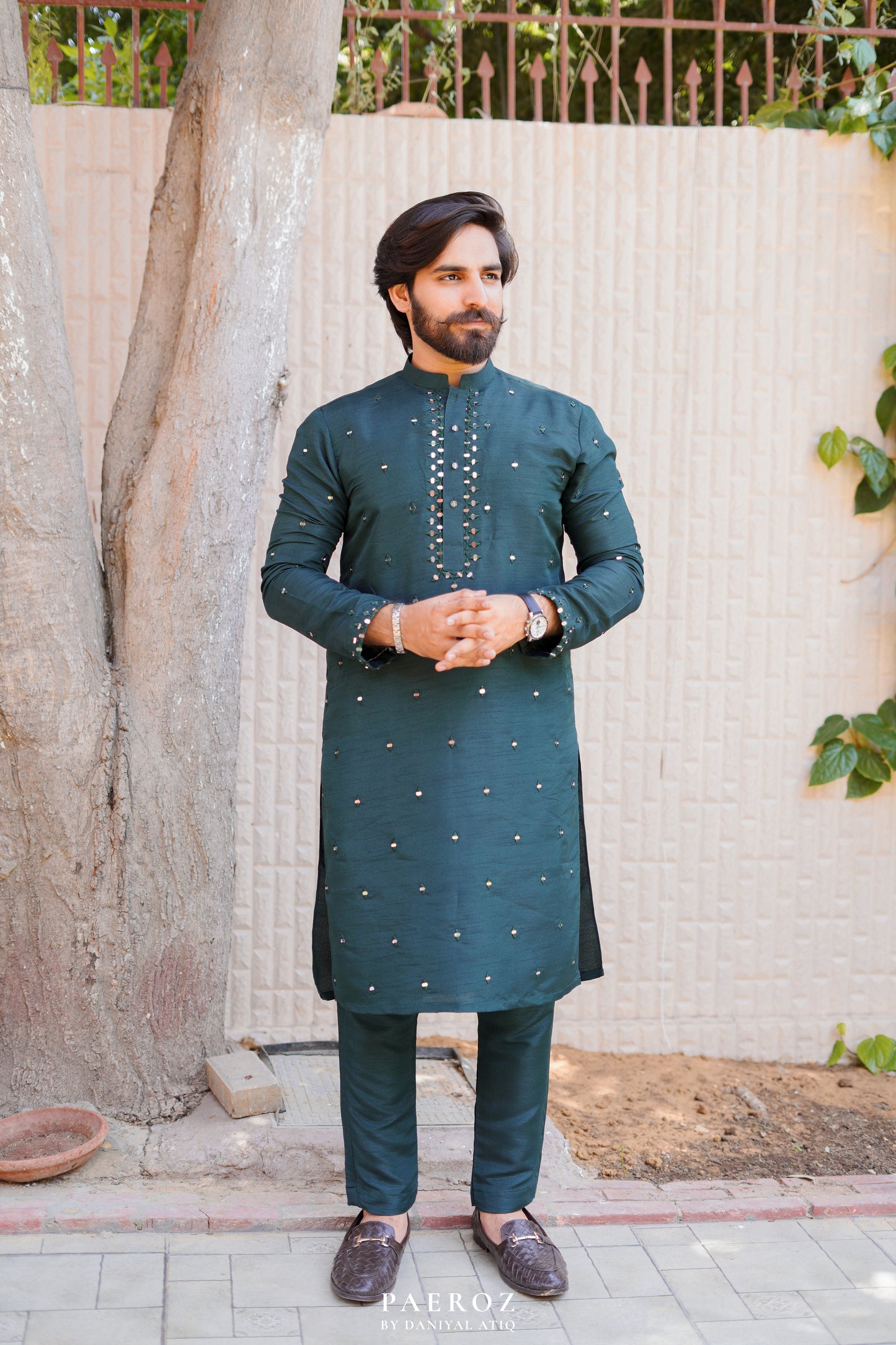 BOTTLE GREEN MIRROR WORK KURTA PAJAMA