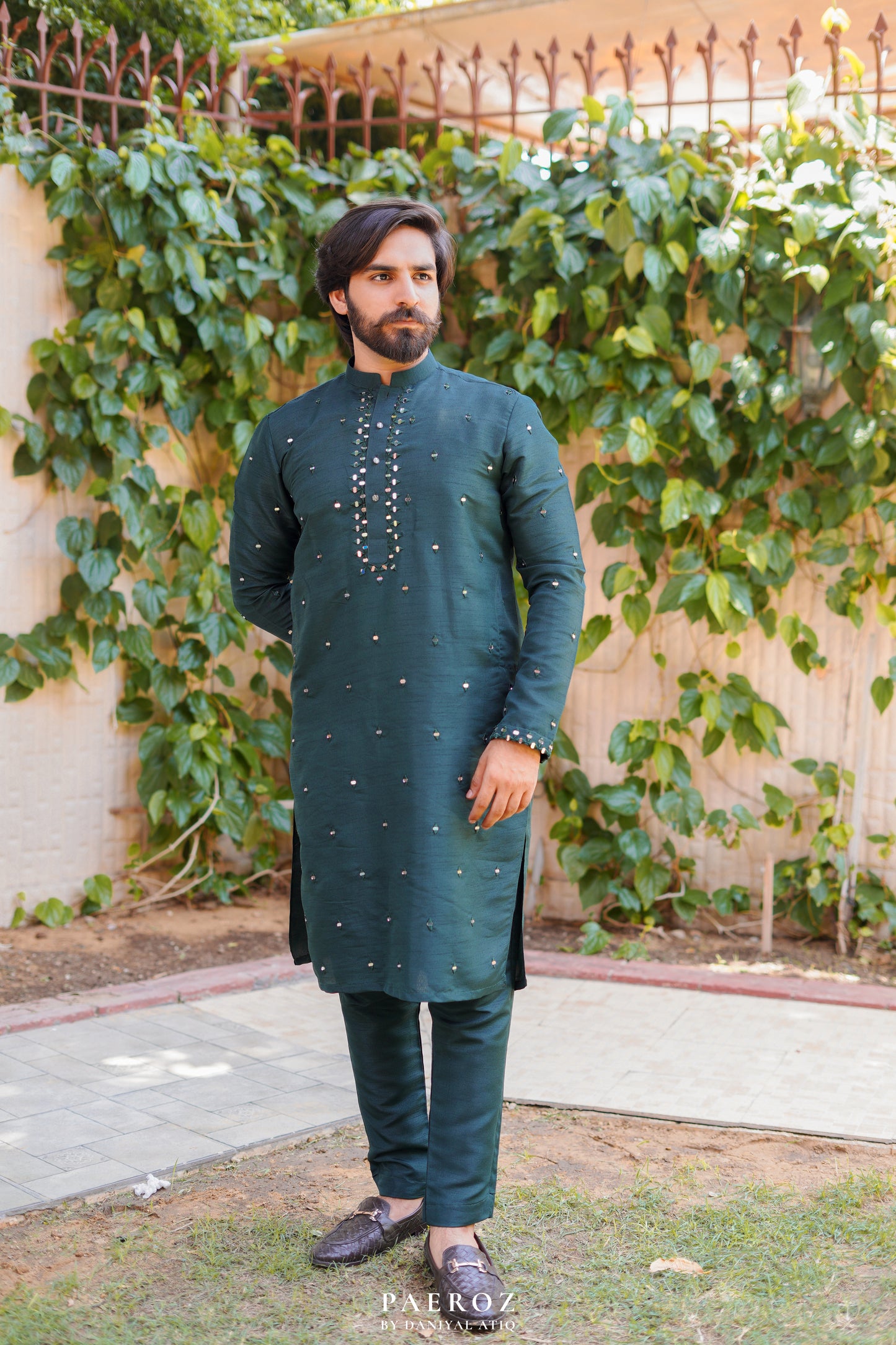 BOTTLE GREEN MIRROR WORK KURTA PAJAMA