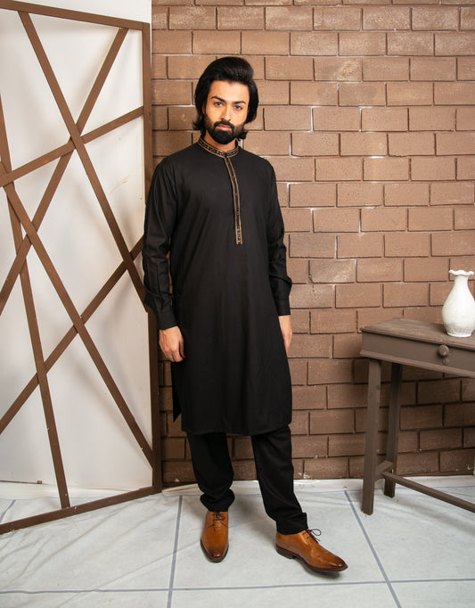 Classic Black Kurta Pajama with Embroidered Collar Patti