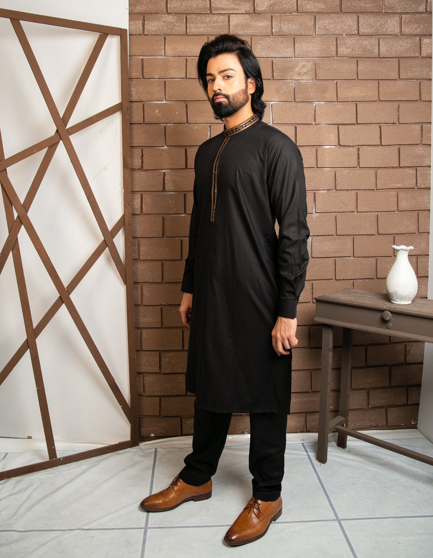 Classic Black Kurta Pajama with Embroidered Collar Patti