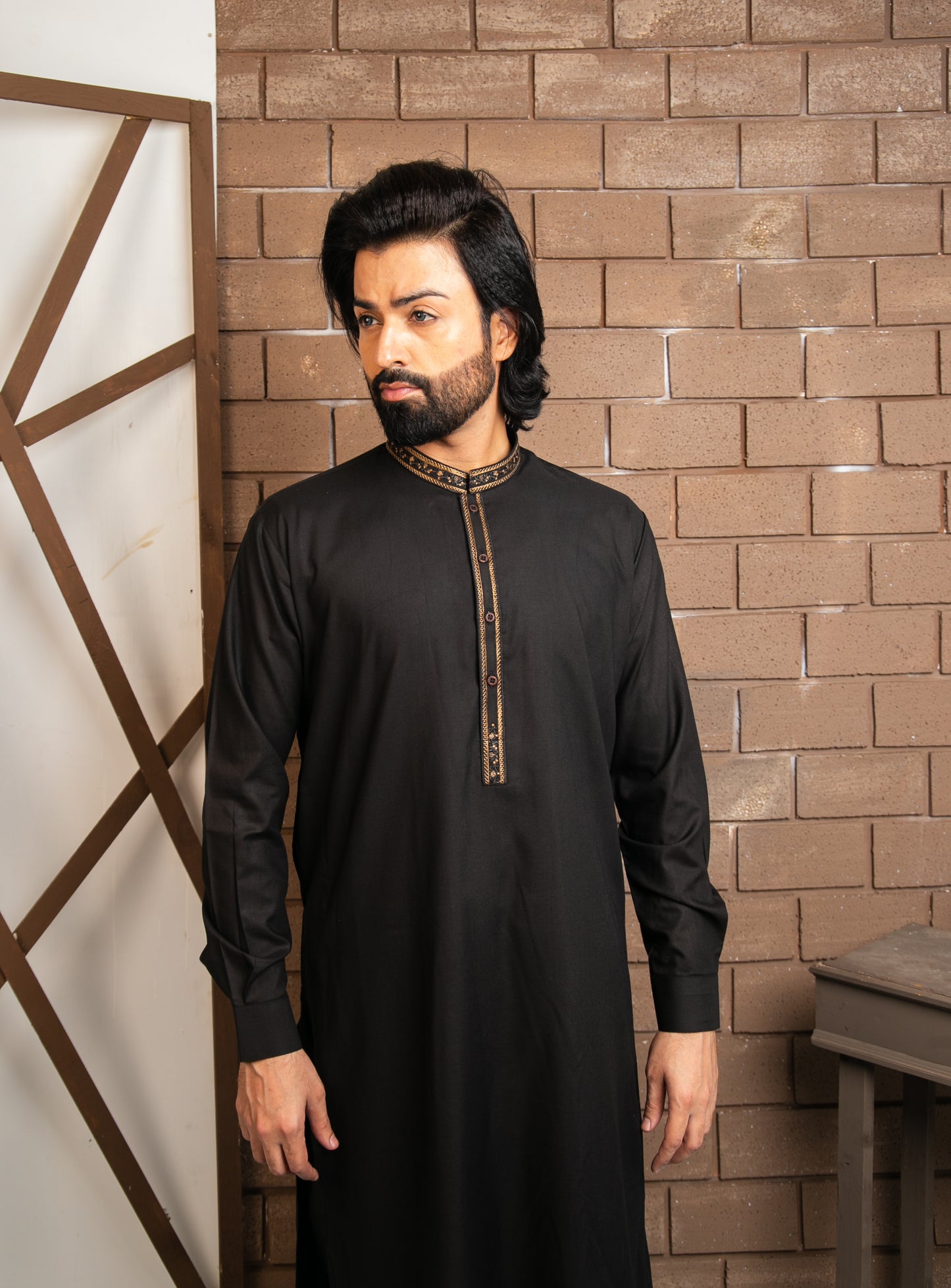 Classic Black Kurta Pajama with Embroidered Collar Patti