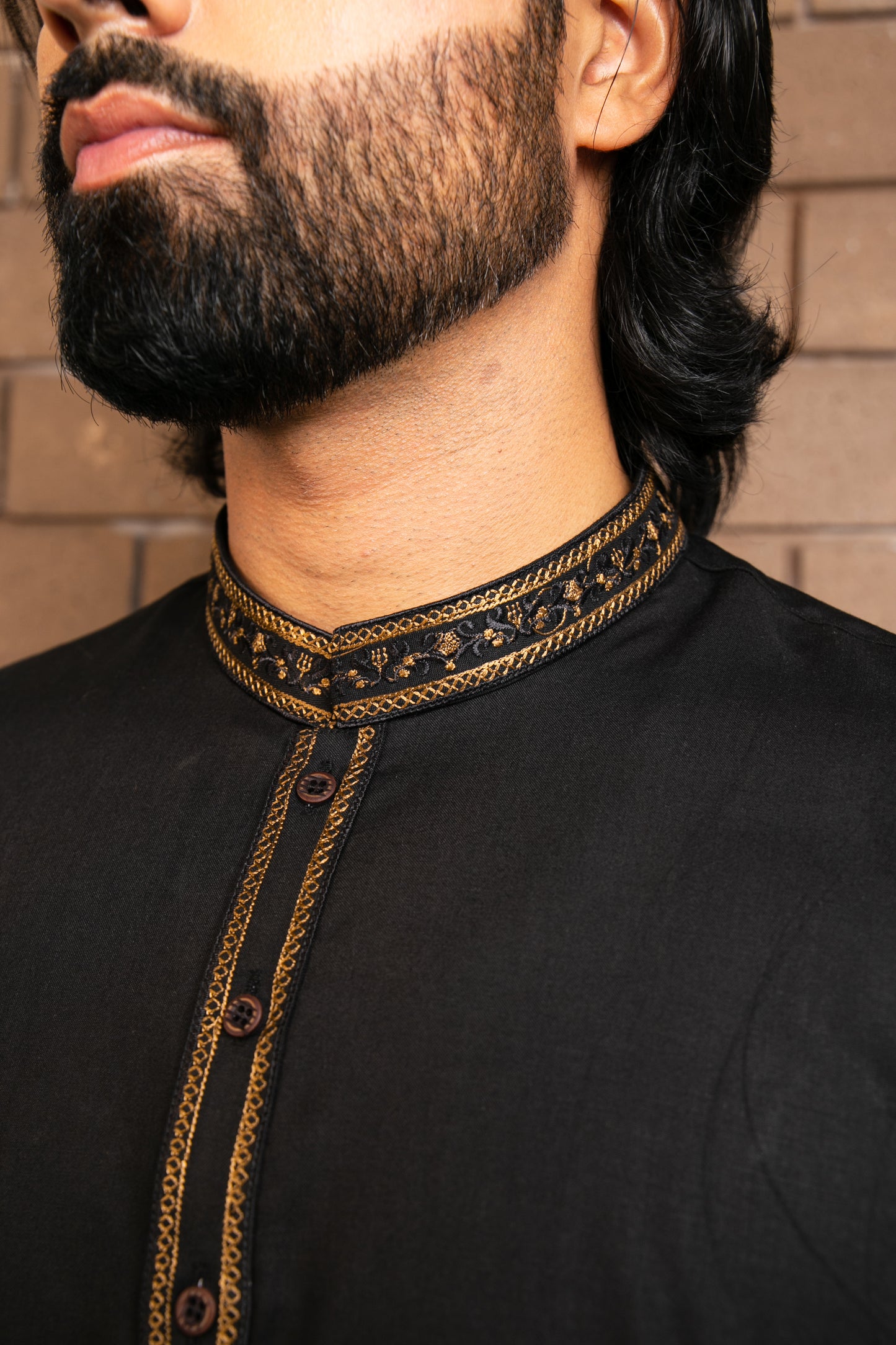 Classic Black Kurta Pajama with Embroidered Collar Patti