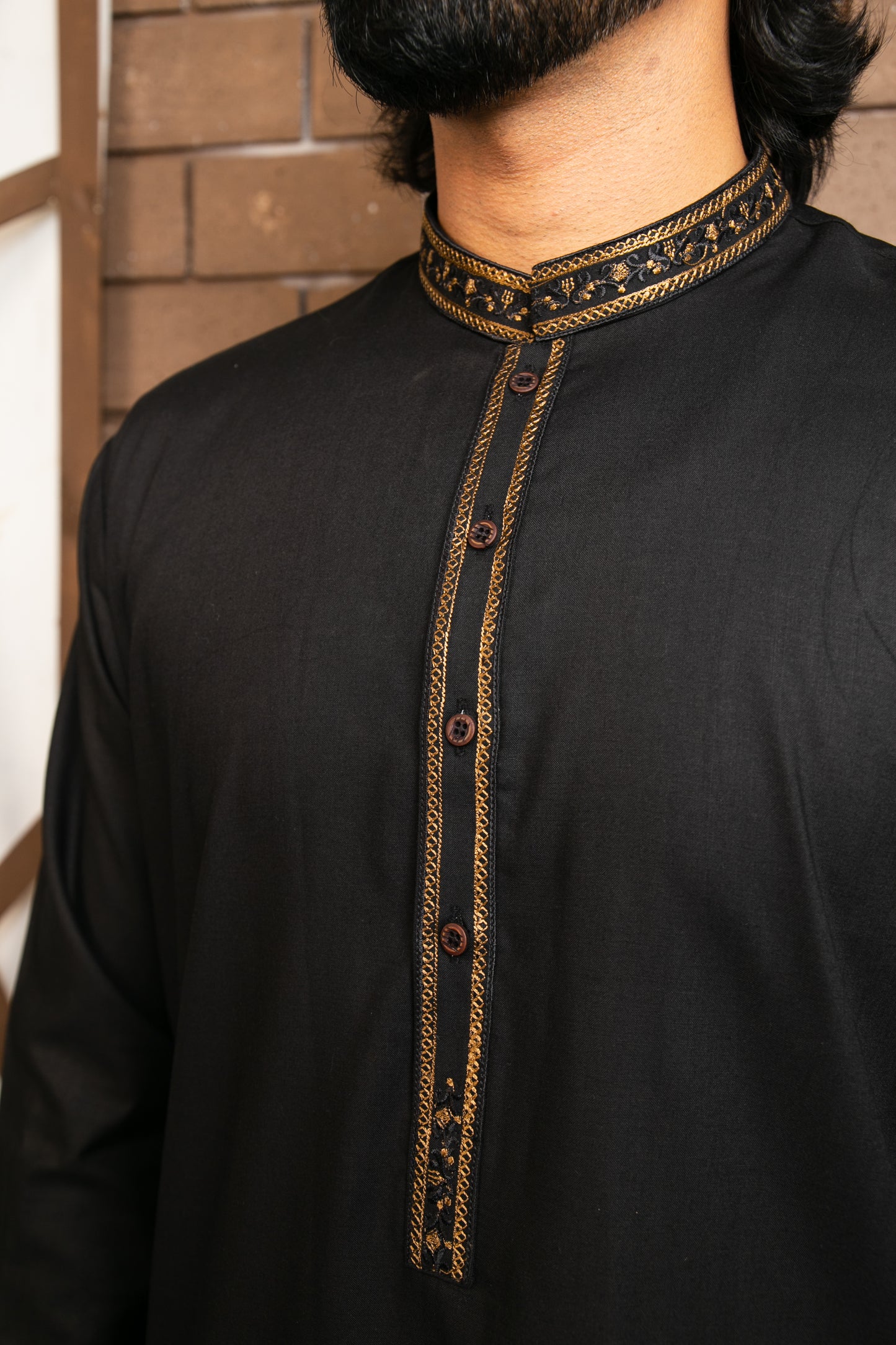 Classic Black Kurta Pajama with Embroidered Collar Patti