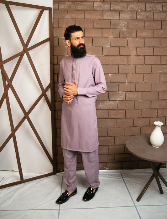 Elegant Lavender Kurta Pajama with Embroidered Collar Patti