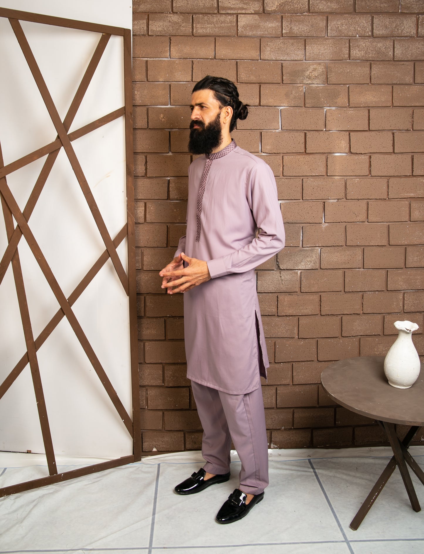 Elegant Lavender Kurta Pajama with Embroidered Collar Patti