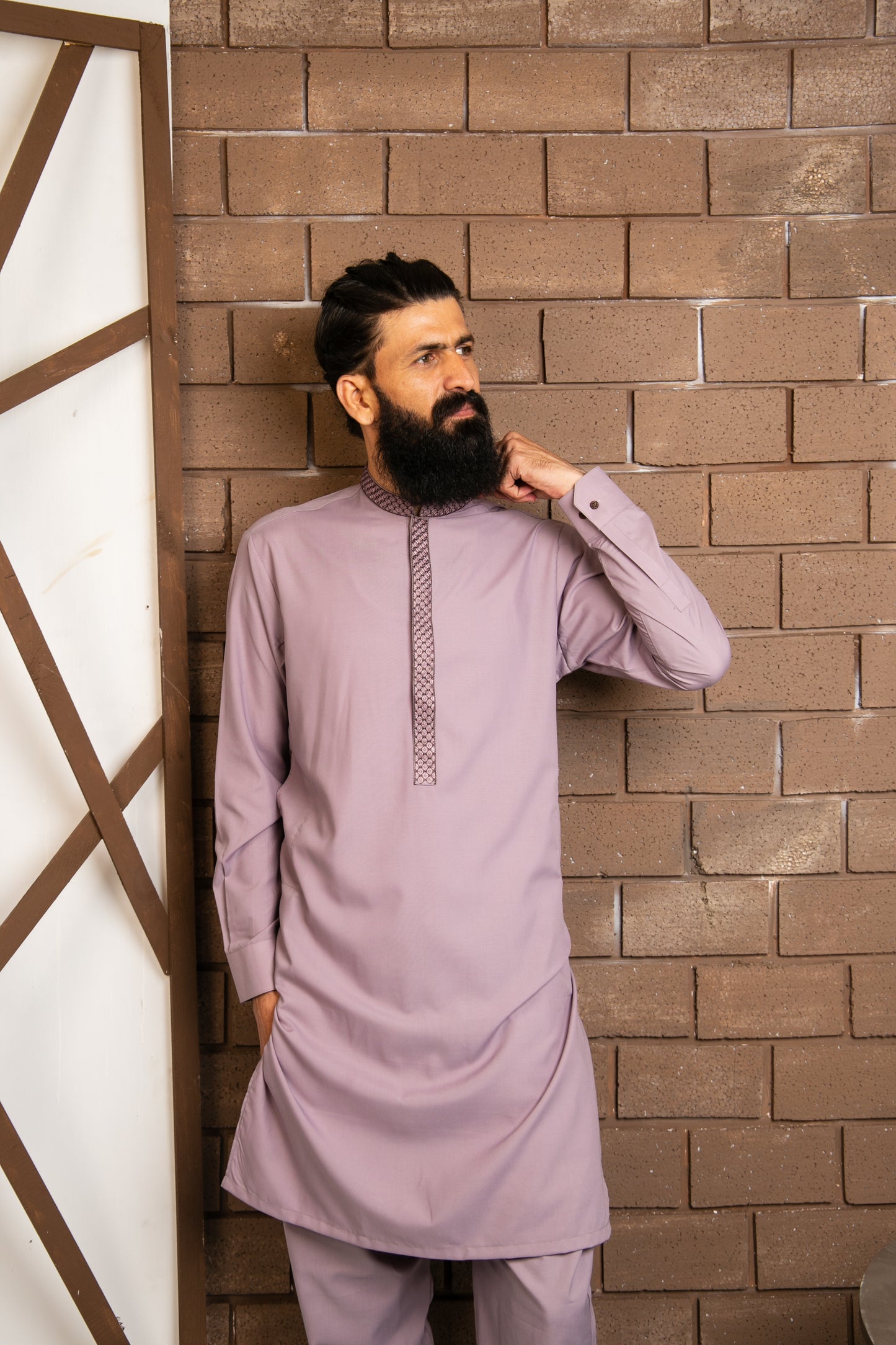 Elegant Lavender Kurta Pajama with Embroidered Collar Patti