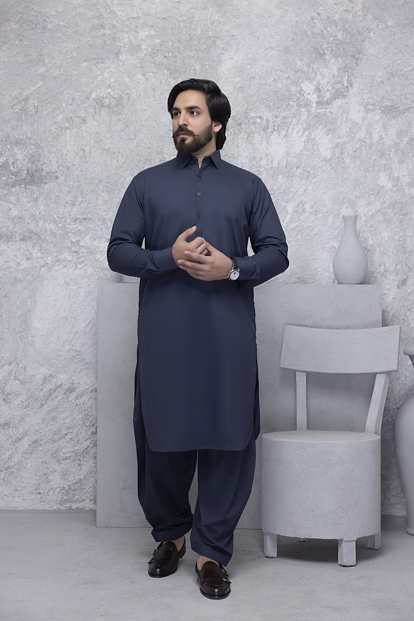 "Classic Shirt Colar Navy Blue Kurta Shalwar"