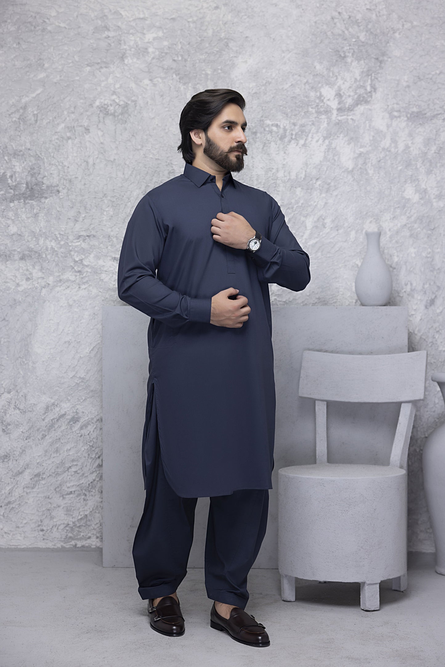 "Classic Shirt Colar Navy Blue Kurta Shalwar"