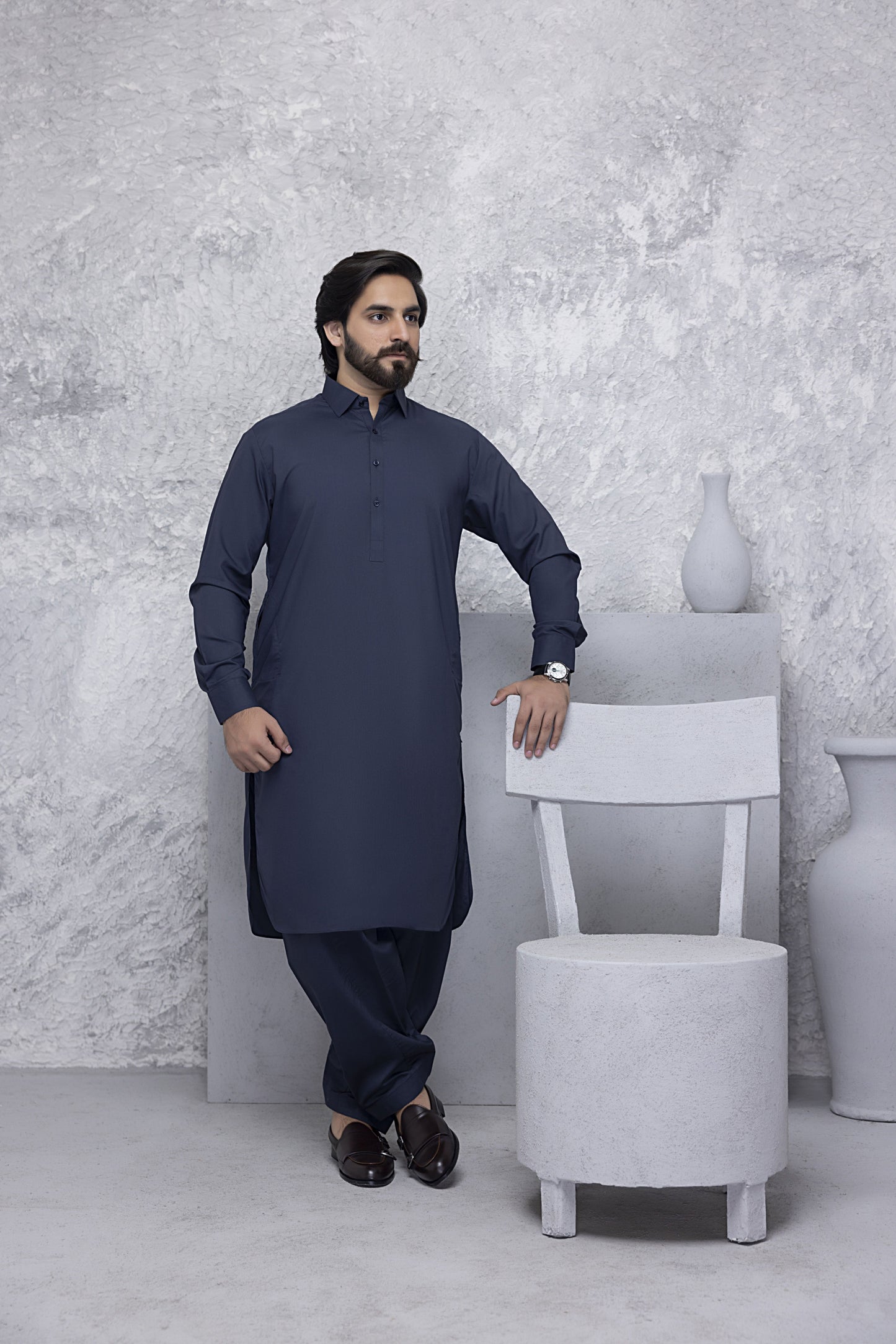 "Classic Shirt Colar Navy Blue Kurta Shalwar"