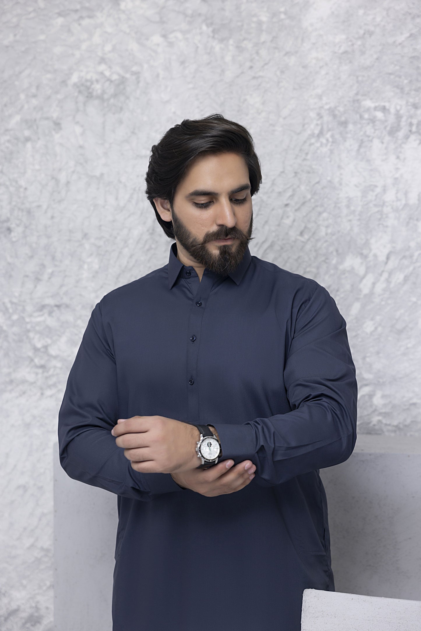 "Classic Shirt Colar Navy Blue Kurta Shalwar"